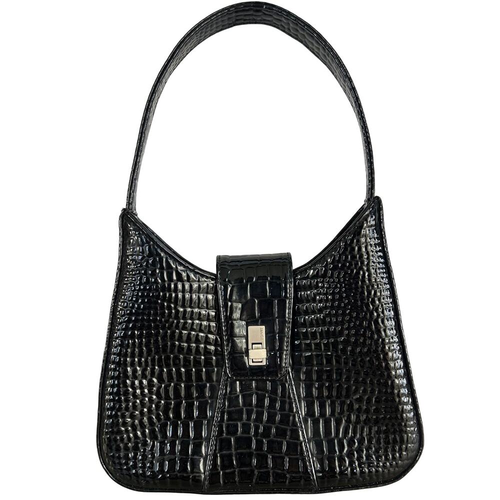 Esprit Y2K Croc‎ Embossed Patent Shoulder Bag Black Turnlock Vintage Baguette